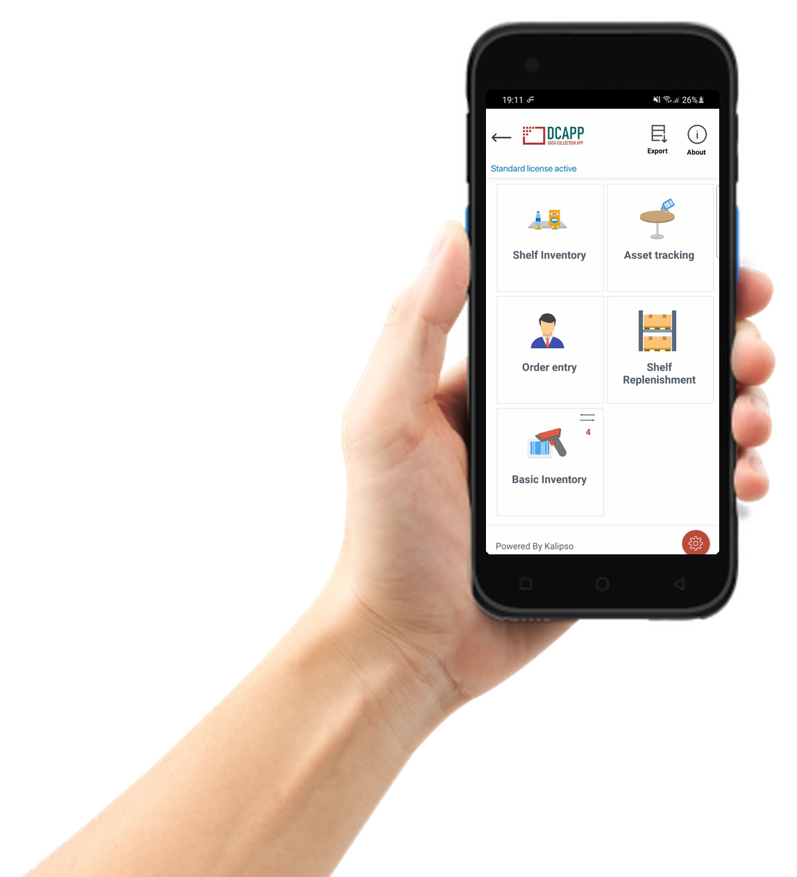 PDA Android affichant l'écran d'accueil de l'application DCAPP